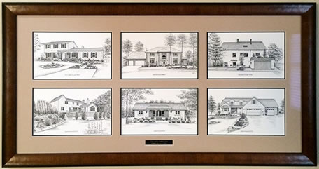 Six custom portraits of homes framed